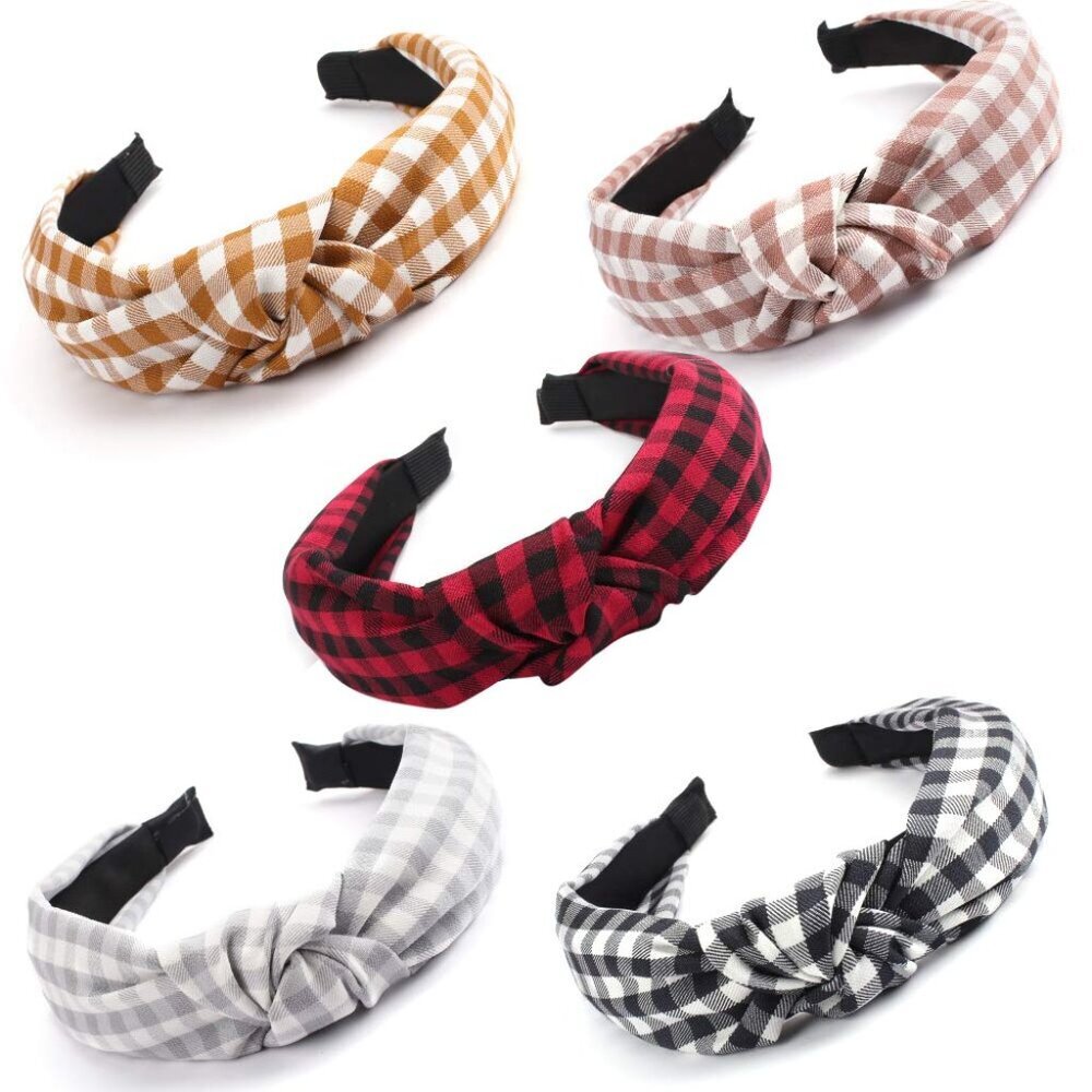 5 Pcs Knotted Vintage Women's Wide Buffalo Plaid Hair Knot Headbands in 5 Colors